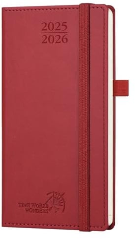 POPRUN Taschenkalender 2025 2026 Klein 16,5 x 9 cm (Aug.2025-Dez.2026) - Kalender 2025 2026 Klein mit PU-Leder - Terminplaner, Planer 1 Woche 2 Seite mit Stiftschlaufe - Burgunderrot