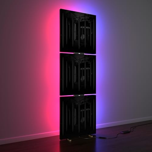Lot de 3 panneaux acoustiques « PULSAR » avec lampe sur pied RVB | 150x50x5cm | Support acoustique rétroéclairé par LED | Absorption et diffusion du son | Couleur de la plaque HDF : Plastique noir