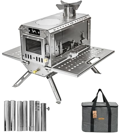 TOMOUNT Hot Tent Stove,Wood Stove with 7 Chimney Pipes,304 Stainless Camping Tent Stove with Spark Damper, Wood Burning Stove for Cooking and Heating，with heat-resistant Glass Window