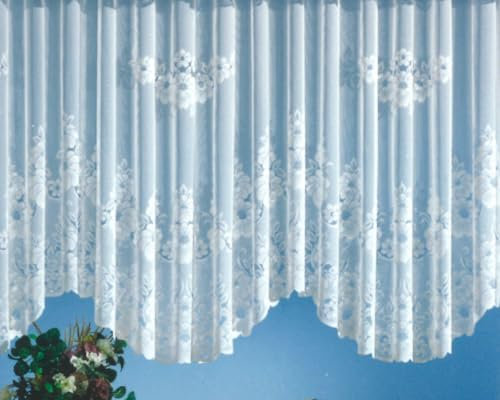 heimtexland Gardinen Jacquard Store mit Kräuselband weiß halb-transparent, Blumen Bordüre gebogt, Vorhang Typ1 - Bogenstore HxB 175x600 cm für Fensterbreiten von 190-240 cm