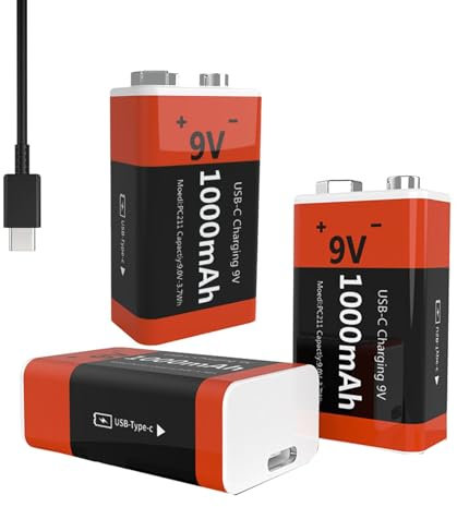 SDAJS Paquete de batería Recargable de 9 V y 1000 mAh, batería de Iones de Litio de 9 voltios con Puerto de Carga USB Tipo C para alarmas, micrófonos inalámbricos, Juguetes, teclados y más