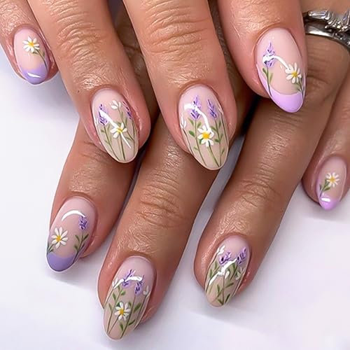 24Pcs Press on Nails Almond Shaped, Daisy Flower Purple French False Nails, Spring Summer Acrylic Fake Stick on Nails Medium Length, Reusable Glossy Natural Gel Full Cover Manicure Kit for Women Girls