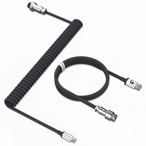 MAMBASNAKE C01 Cable Teclado Espiral, Cable USB C para Teclado Gaming, Cable Aviador para Teclado Mecánico, Tipo C a USB A, TPU Coiled Cable con Conector de Aviación de Metal Desmontable - Negro