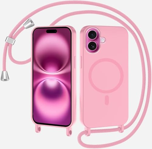 TQmchun Magnetische Handykette mit Band für iPhone 16,Handyhülle [Kompatibel mit MagSafe],Weich TPU Liquid Silikon Necklace Umhängen Kameraschutz Kette Stossfest Schutzhülle-Rosa