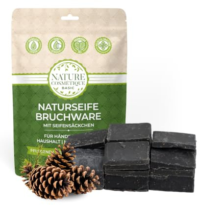 Nature Cosmétique® Basic Naturseife Bruchseife mit Seifensäckchen FICHTE (holzig, würzig) – BIO Seife fest, vegan, palmölfrei, tiefenreinigend für fettige Haut – handgemachte Peeling Seife, Naturseife