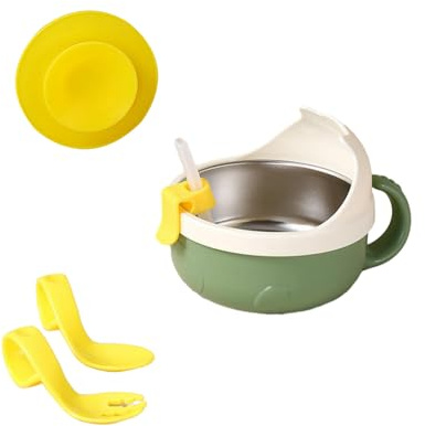 2PC-Home Simple Cartoon Edelstahl-Schüssel mit Löffel und Gabel, auslaufsicher, Grün