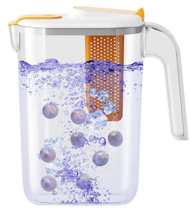 Fruit Infuser Pitcher, Large Beverage Dispenser, Heat-Resistant Infused Waters Jug Lid, Removable Core for Hot Cold Drinks, Tea Lemonade Juice, Daily Hydration, Outdoor Entertaining, 2600ml White Gray