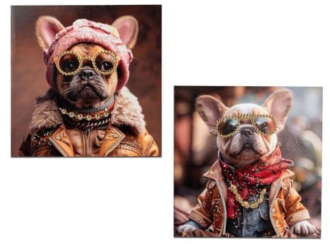 formano 2er Set Hunde Wandbild 50x50 cm mit Brille Tierbild Leinwand Hund modern Deko Bild mit Acrylsteinen - Lustiges Wandbild Hund mit Sonnenbrille - Tier-Dekoration Wohnzimmer Büro Geschenk