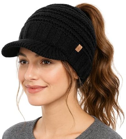 TOP-EX Damen mütze mit Schirm Winter Beanie hat für Women Pferdeschwanz Herren Cap strickmütze Strick Fleece gefütterte schirmmütze Loch großer Kopf Running schwarz