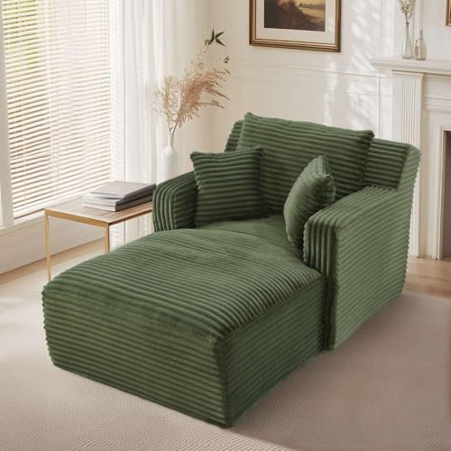 SHAIRMB Chaiselongue FüR Den Innenbereich, üBergroßE Couch Ohne Knochen,Bequemes, Gepolstertes Schlafsofa Mit 3 Kissen, Cord-Lesesessel In Wolkenoptik, FüR Das Wohnzimmer,Grün