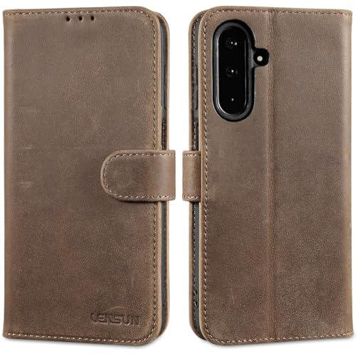 LENSUN Echtleder Hülle für Samsung Galaxy A17 Schutz - Vintage Dunkelbraun | Echtes Leder Handyhülle, Magnetverschluss Hülle, RFID Kartenfach, Brieftasche Retro Lederhülle, Passgenau Handytasche