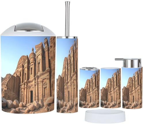 Bathroom Accessory Set 6 Piece Boho Monastery Trash Can, Toothbrush Holder, Soap Dispenser, Soap Dish, Toothbrush Cup, Toilet Brush Holder