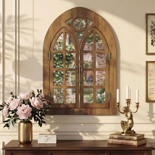 Fahomiss Bogen Fensterstil Wandspiegel mit Öffnendem Holzrahmen, Fensterdesign für Wohnzimmer, Schlafzimmer & Flur