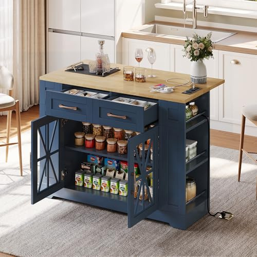 JCFEIDQW Isla de cocina móvil, carrito de cocina, mesa de comedor extensible con estante abierto, conexión AC, laminado ajustable, ruedas con frenos, para cocina, comedor, 120 × 65 × 92 cm (azul)