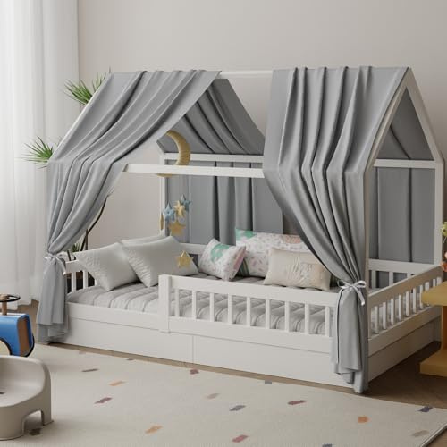 Pacok Hausbett Himmel 2er-Set, Betthimmel Hausbett 70x270 cm Grau | Weicher Baumwollstoff Stoffhimmel, Hausbett Deko in 5 Farben, Hausbett Vorhang für Mädchen und Jungen, Himmel für Hausbett