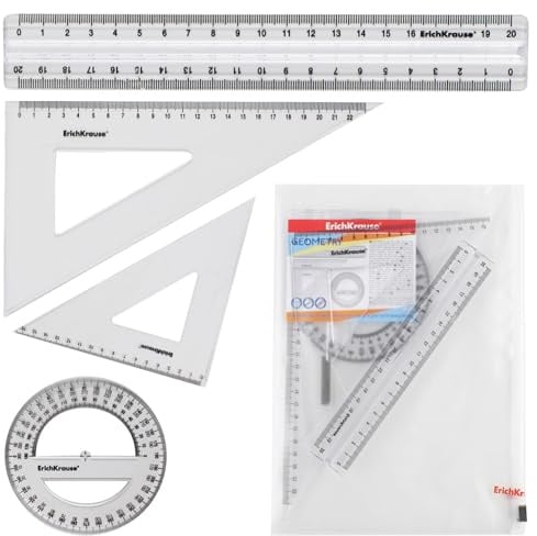 Geometrie 4er Set Kunststoff Lineal Geodreieck Winkelmesser 360 Grad mit Schutzhülle für Büro Schule Haushalt - Geometrie Schulbedarf Mathe Zubehör Messinstrument