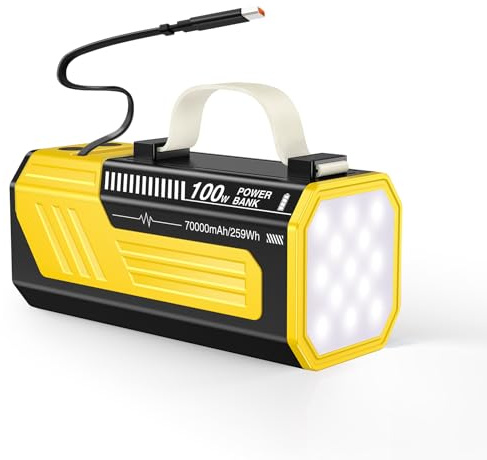 Laptop Powerbank 70000mAh, 100W Schnellladung Power Bank | 70000mAh Externer Handyakku mit integriertem & einziehbarem Kabel, Externer Akku mit LED-Taschenlampe für Laptop, Phone