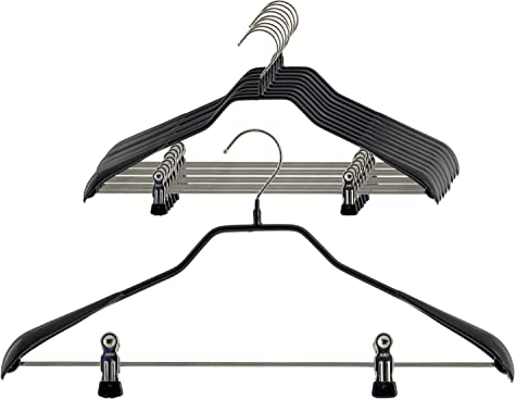 MAWA Universalbügel, 10 Stück, Universalbügel mit Klammernsteg für T-Shirts, Hosen, Röcke und Tops, drehbarer Euro-Haken, hochwertige Antirutsch-Beschichtung, 42 cm, Schwarz
