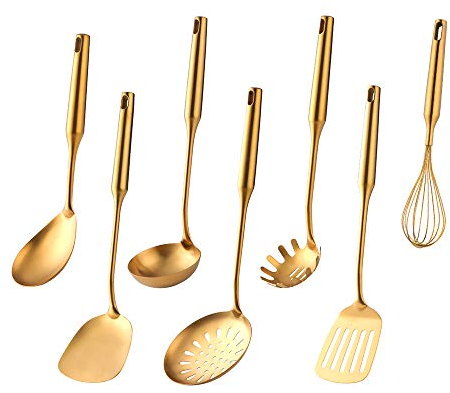 Buy THINGS！ Küchenhelfer-Set – 7-teilig, Gold, 18/8 (304) Edelstahl, breite Pfannenwender, Suppenkelle, Siebschöpfkelle, Schlitzspachtel, Spaghettiheber, Reisschaufel, Löffel und Schneebesen