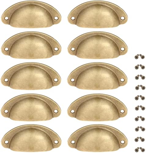 Yetaha 10pcs Cabinet Cup Pull Handle, Drawer Shell Pull Handles, Vintage Antique Kitchen Cupboard Pulls Furniture Knob with Screws Suitable for Handware Drawer Dresser Door, 65mm Hole Centre, Brass