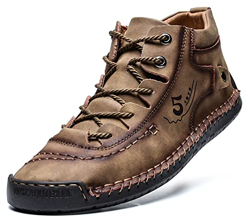 Lightweight Mens Casual Shoes Genuine Leather Mid top Slip On Walking Cowhide Driving Boots Brown