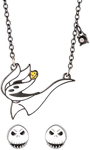 Disney Nightmare Before Christmas Stud Earrings and Necklace Fashion Jewelry Set, Official Licesnse