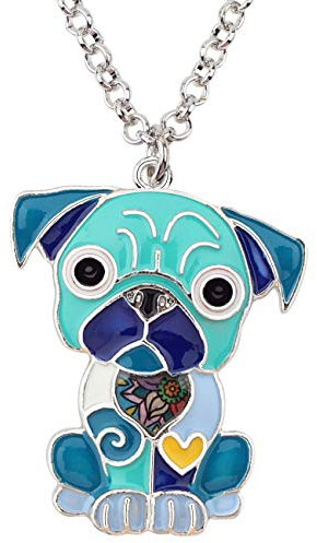 DOWAY Emaille Mops Hund Halskette Anhänger Kette Schmuck Mops Geschenke für Damen Mädchen (Blau)