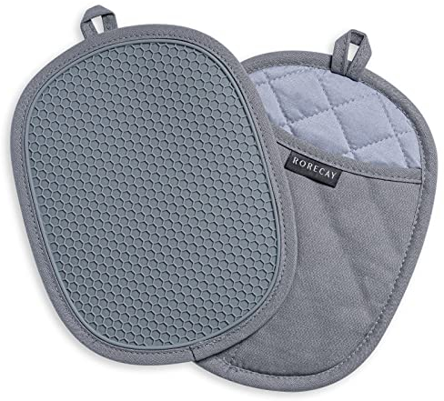 Rorecay Silicone Pot Holders Sets: Heat Resistant Oven Hot Pads with Pockets Non Slip Grip Large Potholders for Kitchen Baking Cooking | Quilted Liner | 9.8 x 7.6 Inches | Gray | Pack of 2