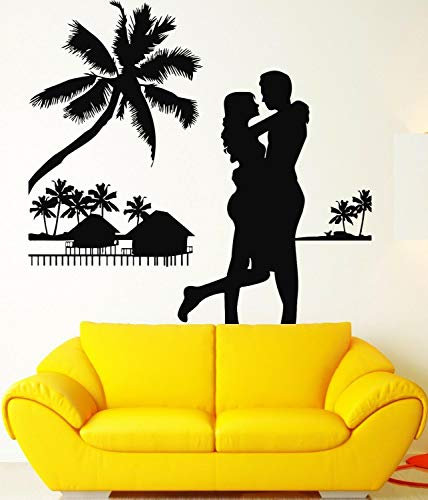 QIANGTOU Paar Freizeit Wandaufkleber Ozean Strand Spielen Entspannen Vinyl Wandtattoo Kokospalme Abnehmbare Schlafzimmer Wohnkultur Poster 42x44cm