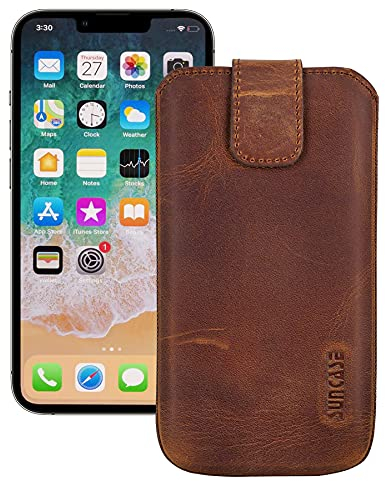 Suncase Etui Tasche kompatibel mit iPhone 13 Pro Max (6.7) Hülle mit ZUSÄTZLICHER Case/Schale/Bumper Lasche mit Rückzugfunktion Handytasche Ledertasche Schutzhülle in antik-Coffee