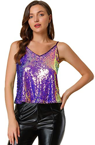 Allegra K Canotta da donna con paillettes luccicante canotta da club party Sparkle Cami Top, Blu e viola., 40