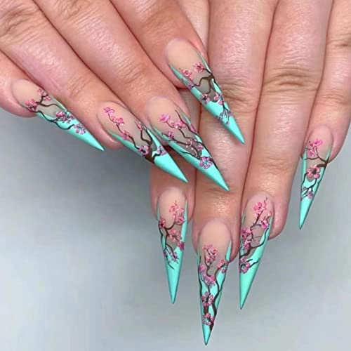 RUNRAYAY Blue Almond Press On Nails Long, Flower Fack Nails for Girls, Acrylic Nude Nail Press On for Women and Girls 24Pcs