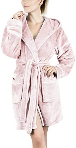 Gräfenstayn Accappatoio donna soffice con Cappuccio - Pile coccoloso - Oeko-Tex Standard 100 - Vestaglia corta - Taglia (M, Rosa)