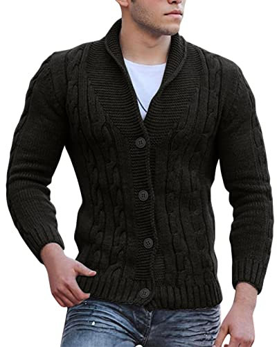 Cardigan lavorato a maglia da uomo Cardigan foderato in pile Slim Fit Cable Knit Button Up Maglione di cotone con tasche Risvolto spesso Maglione di colore solido slim tipo, Nero , XL