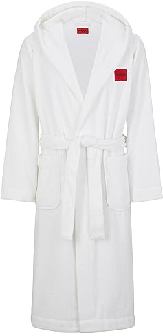 HUGO Herren Terry Gown Hooded Morgenmantel aus Baumwoll-Terry mit rotem Logo-Label, Weiß 100,L
