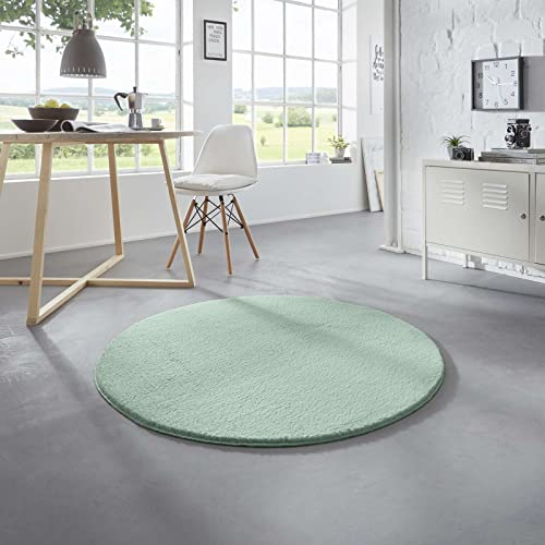 Taracarpet Waschbarer Flauschiger Uni Kurzflor Teppich, Anti-Rutsch, Felloptik, Super Soft Mint 080 cm rund