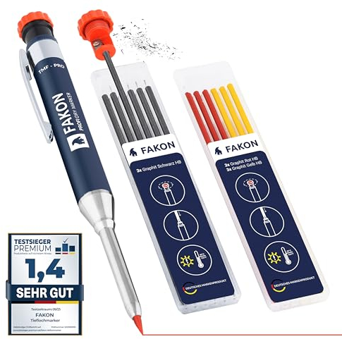 FAKON TMF PRO Tieflochmarker [inklusive 12 Ersatzminen] extrem robuster Metallkörper, Zimmermannsbleistift, Bohrlochmarker, Bleistift Baustelle