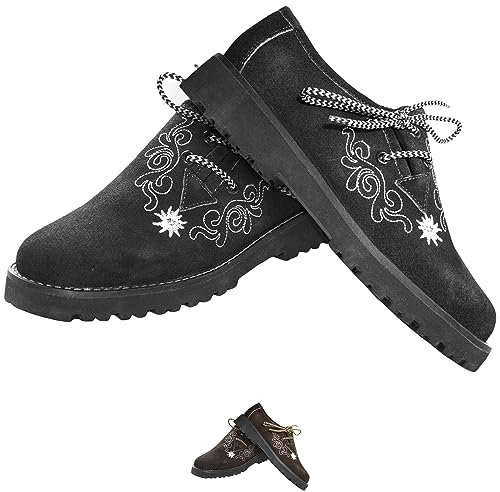 German Wear Damen Trachten Haferlschuhe aus Wildleder – Traditionelle Trachtenschuhe mit Edelweiß-Stickerei & weichem Ziegenleder-Futter – Bequem & hochwertig für Dirndl & Volksfest Schwarz - 38 EU