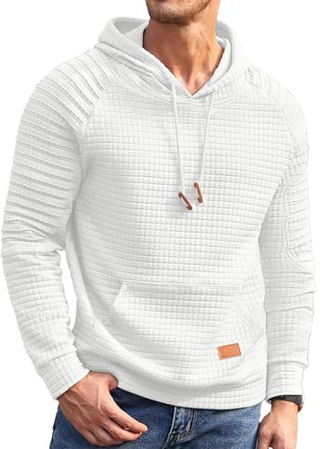 COOFANDY Mens Sweatshirts Waffle Hoodie Long Sleeve Sport Plain Jumper with Kanga Pocket White M