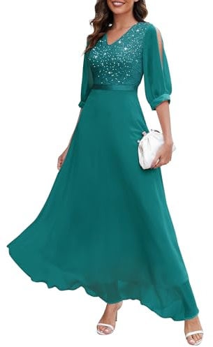 Wedtrend Abendkleider Lang Spitzenkleid Abendkleider A Linie Cocktailkleid Damen Lang Brautmutterkleider Konfirmationskleider WT0317 PeacockGreen XL