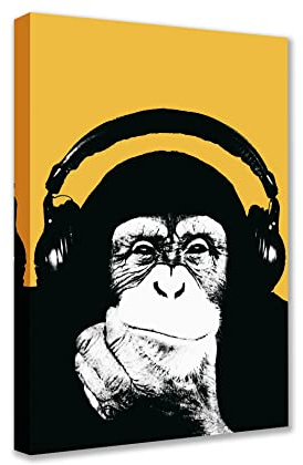 Tucocoo Zeitgenössische Wandkunst, lustige Graffiti-Bilder, Musik, Kopfhörer, Affe, Gemälde, 1 Stück, Leinwand, Gorilla-Kunstwerk, Heimdekoration für Wohnzimmer, Holzrahmen, fertig zum Aufhängen