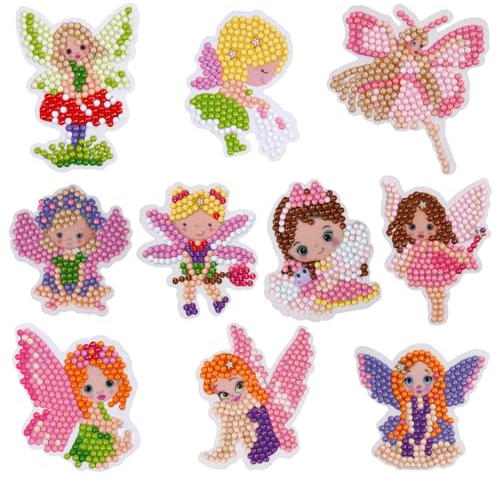 AUAUY 10 PCS DIY Diamant Malerei Aufkleber, Mosaik Aufkleber Set in Harz, 5D Diamant Painting Bilder Sticker mit Werkzeug, Niedlich Diamond Painting Bilder für Kinder Spielzeug Geschenke (Elfin)