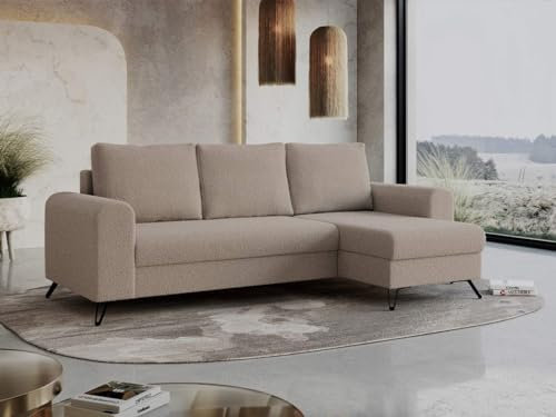 MKS MEBLE Ecksofa - L-Form Sofa mit Schlaffunktion - Wohnlandschaft L Form, Ecksofa mit Schlaffunktion und Bettkasten, Schlafsofa mit Bettkasten, Couch mit Schlaffunktion - Hellbraun Boucle - Hugo