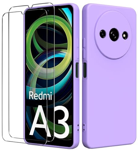 binandteam Funda para Xiaomi Redmi A3 4G con 2 Protector de Pantalla,Ultra Slim Protectora Carcasa de Silicona Líquida TPU Anti-Choque Suave Case Cover - Morado