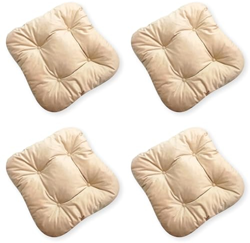 4L Textil 4er Set Stuhlkissen mit Bändern Indoor & Outdoor Sitzkissen 45x45 Gartenstuhlauflagen Sitzauflagen Bodenkissen 40x40 (Beige, 4er Set | 45x45 cm)
