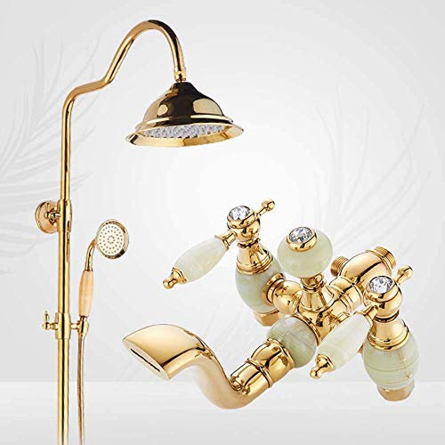 Shower System Bathroom Shower System Jade Brass Golden European Retro Paint 3-Function Shower Shower Faucet with Rainfall Shower and Handheld Shower, Adjustable Shower Set