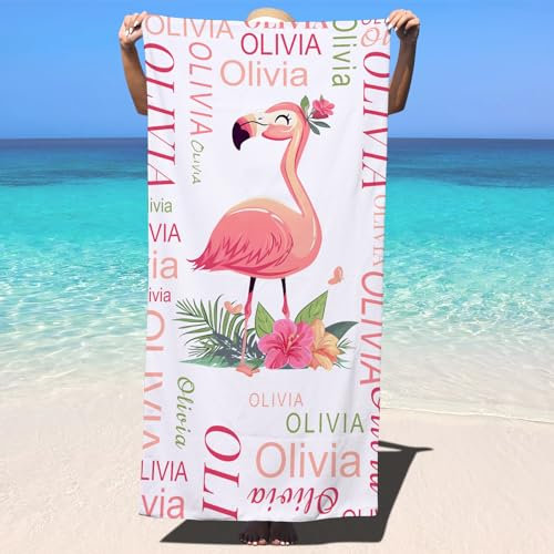 SearchI Strandtuch Personalisiert 150x75cm,Sandfrei&Schnell Trocknendes Individuellem Mikrofasertuch Badetücher mit Namen für Erwachsener Kinder,Geburtstagsgeschenk für Camping,Reisen,Pool-Flamingo