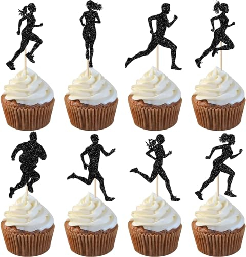 24 Stück Laufend Cupcake Toppers Glitzer Sport Fitness Tortendeko für Sport Laufend Thema Jungen Mädchen Kinder Geburtstag Party Kuchen Deko Schwarz