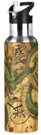 Wzzzsun Dibujos Animados Anime Dragón Japonés Botella de Agua Deportes con Pajita, Botellas Termica Acero Inoxidable 600ML Sin BPA para Niños Deportiva Gimnasio Ciclismo Escuela