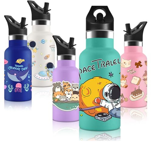 Vikaster Botella agua Acero Inoxidable, con Tapade Popote y asa, Botella Agua Niños, Sin BPA, 350ml, Botella Termica Reutilizable, para Adultos, Niños, Escuela, Ciclismo, Gym, Deportiva